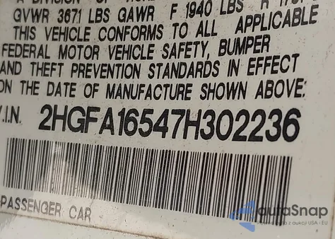 2007 Honda Civic Lx z USA, uszkodzony, nr VIN 2HGFA16547H302236